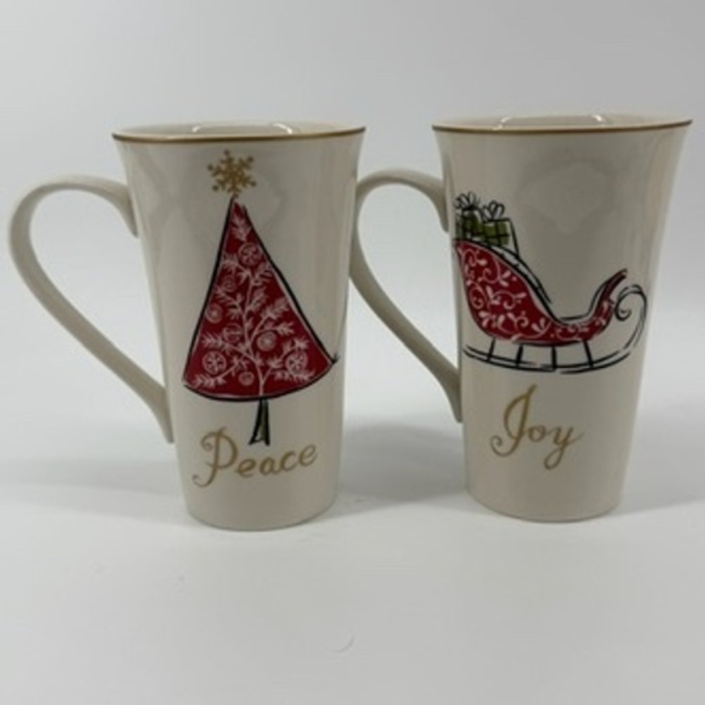 222 Fifth Natala Fine China Tall Mugs Set of 2 Christmas Tree Sleigh‎ Joy Peace